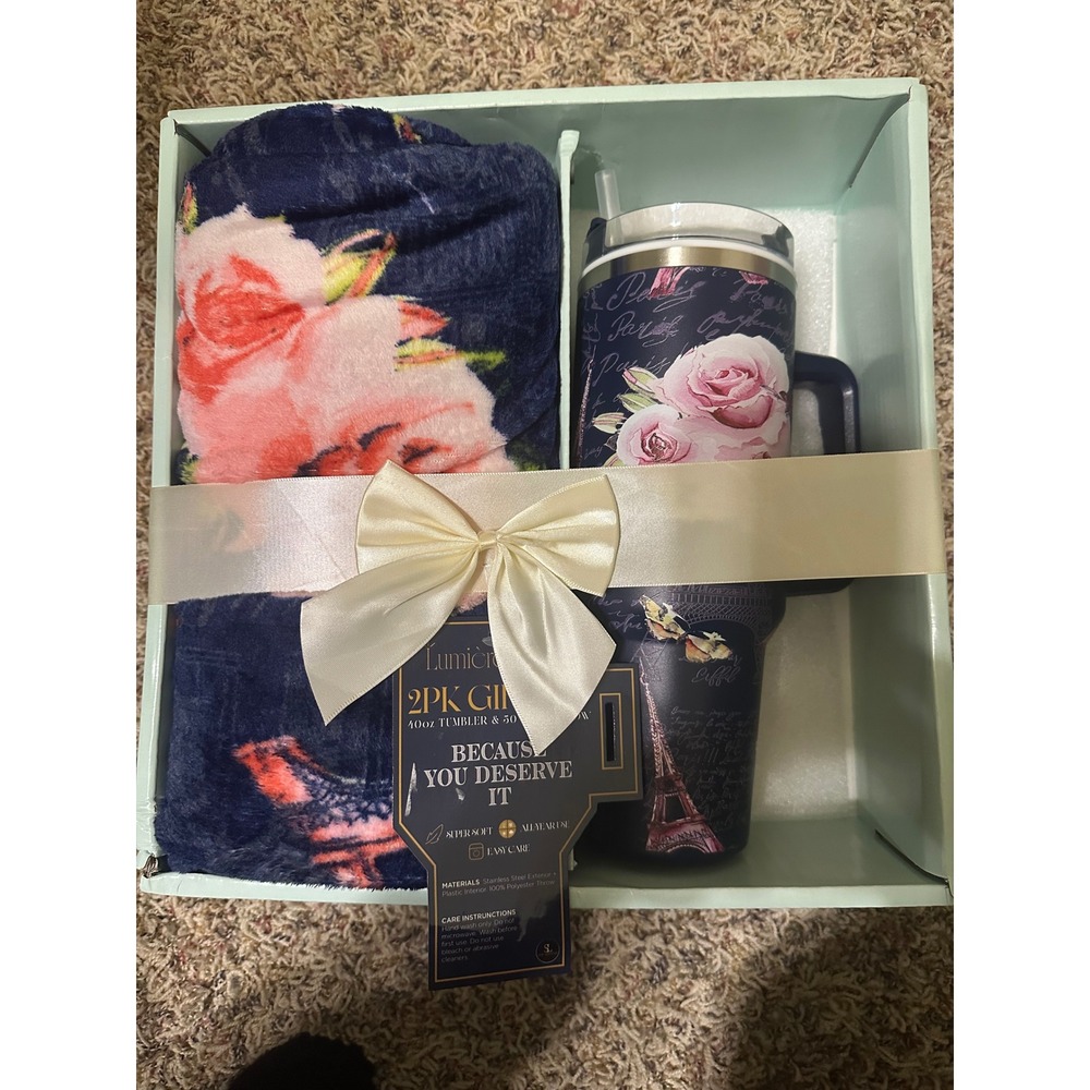 Lumiere Lane 2pc Gift Set 40oz Tumbler and 50x60 Throw Blanket Paris Floral Navy